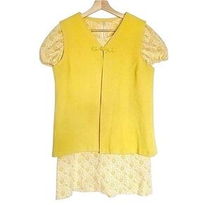 vintage‎ Dress Womans Small yellow 70s textured vest floral print 2pc mini